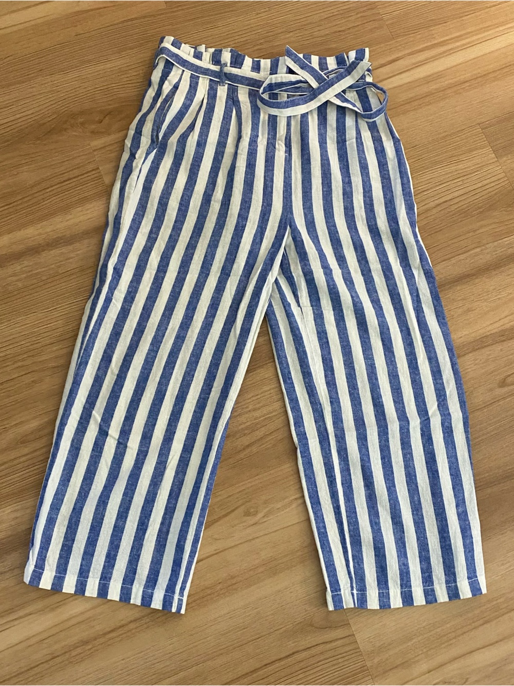 J. Crew Blue and White Striped Linen-Blend Pants